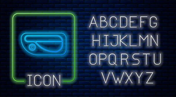 Gloeiende neon Auto deurkruk pictogram geïsoleerd op baksteen muur achtergrond. Neon licht alfabet. Vector Illustratie — Stockvector