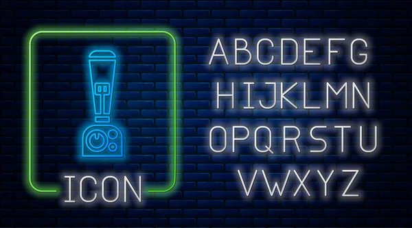 Tuğla duvar arka planda izole parlayan neon Blender simgesi. Kase ile Mutfak elektrik sabit karıştırıcı. Pişirme smoothies, kokteyl veya meyve suyu. Neon ışık alfabesi. Vektör İllüstrasyonu — Stok Vektör