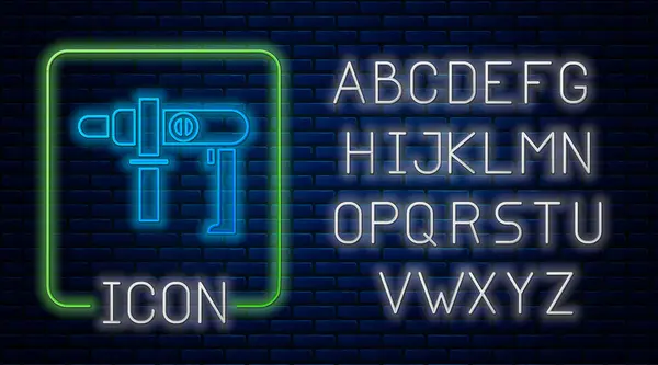 Glowing neon Electric drill machine icon isolated on brick wall background. Repair tool. Neon light alphabet. Vector Illustration — 스톡 벡터