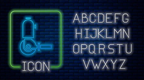 Leuchtende Neon Winkelschleifer Symbol isoliert auf Backsteinwand Hintergrund. Neonlicht-Alphabet. Vektorillustration — Stockvektor