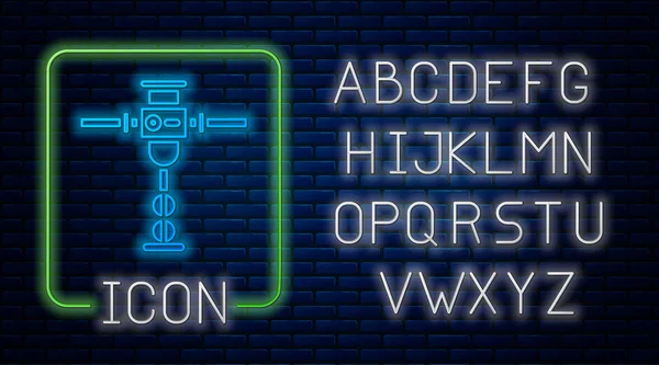 Glowing neon Construction jackhammer icon isolated on brick wall background. Neon light alphabet. Vector Illustration — Stock Vector