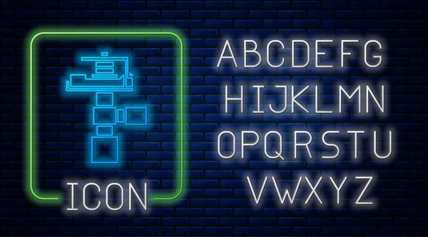 Néon brilhante Ícone de irrigação automática sprinklers isolado no fundo da parede de tijolo. Equipamento de rega. Elemento jardim. Ícone de pistola de pulverização. Alfabeto claro de néon. Ilustração vetorial — Vetor de Stock