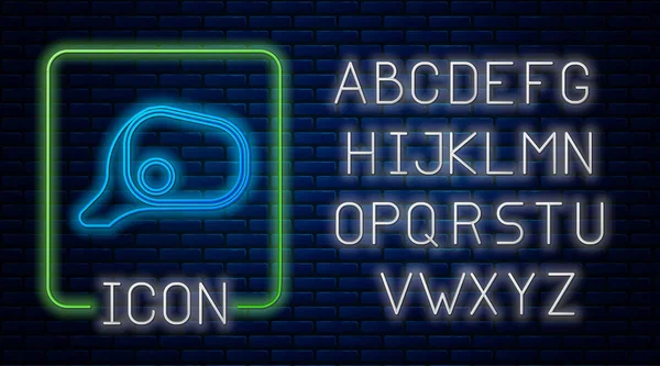 Leuchtende Neon-Autospiegelsymbol isoliert auf Backstein-Wand-Hintergrund. Neonlicht-Alphabet. Vektorillustration — Stockvektor