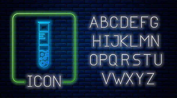 Świecący neon probówka i kolba chemiczna laboratoryjna ikona badania izolowane na tle ściany z cegły. Szkło laboratoryjne. Neonowy alfabet świetlny. Ilustracja wektora — Wektor stockowy