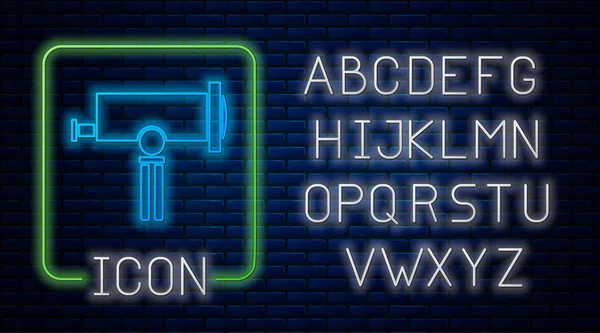 Parlayan neon teleskop simgesi tuğla duvar arka planında izole edildi. Bilimsel bir alet. Eğitim ve astronomi elementi, dürbün ve çalışma yıldızları. Neon ışıklı alfabe. Vektör İllüstrasyonu — Stok Vektör