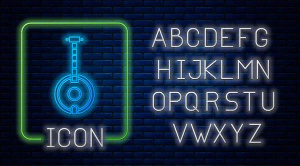 Ícone de Banjo de néon brilhante isolado no fundo da parede de tijolo. Instrumento musical. Alfabeto claro de néon. Ilustração vetorial — Vetor de Stock