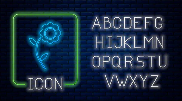 Gloeiende neon Bloem pictogram geïsoleerd op baksteen muur achtergrond. Neon licht alfabet. Vector Illustratie — Stockvector