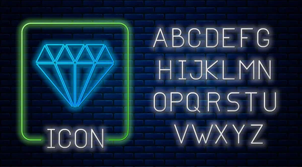 Leuchtende Neon-Diamant-Symbol isoliert auf Backsteinwand Hintergrund. Schmucksymbol. Edelstein. Neonlicht-Alphabet. Vektorillustration — Stockvektor