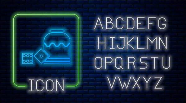 Сяючі неонові піратські ігрові кістки значок ізольовані на фоні цегляної стіни. Азартні ігри в казино. Неоновий легкий алфавіт. Векторна ілюстрація — стоковий вектор