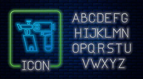 Gloeiende neon Nagel pistool icoon geïsoleerd op bakstenen muur achtergrond. Neon licht alfabet. Vector Illustratie — Stockvector
