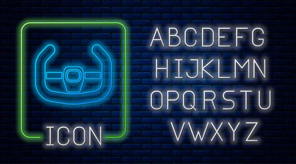 Сяюча неонова піктограма спортивного керма ізольована на фоні цегляної стіни. Значок колеса автомобіля. Неоновий легкий алфавіт. Векторна ілюстрація — стоковий вектор