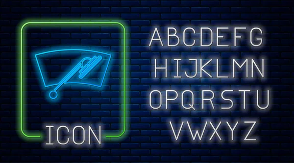 Glowing neon Windscreen wiper icon isolated on brick wall background. Neon light alphabet. Vector Illustration — 스톡 벡터