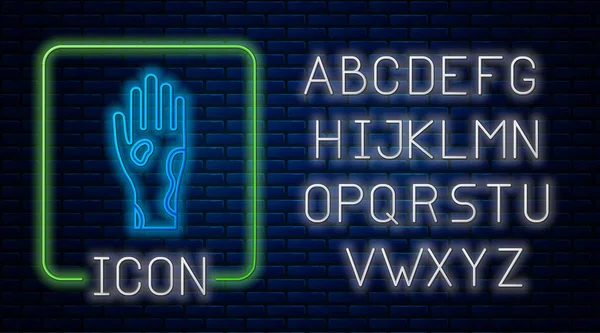 Mão de néon brilhante com psoríase ou eczema ícone isolado no fundo da parede de tijolo. Conceito de resposta da pele humana ao alérgeno ou problema crônico do corpo. Alfabeto claro de néon. Ilustração vetorial — Vetor de Stock