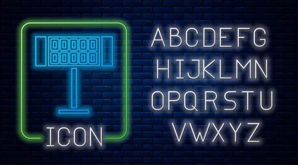 Ícone de aquecedor elétrico de néon brilhante isolado no fundo da parede de tijolo. Aquecedor de piso infravermelho com controle remoto. Controle do clima da casa. Alfabeto claro de néon. Ilustração vetorial — Vetor de Stock