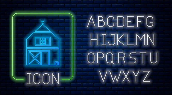 Leuchtende Neon-Bauernhaus-Konzept-Symbol isoliert auf Backsteinwand Hintergrund. rustikale Bauernlandschaft. Neonlicht-Alphabet. Vektorillustration — Stockvektor