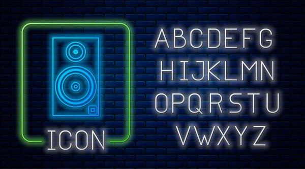 Gloeiende neon stereo speaker icoon geïsoleerd op bakstenen muur achtergrond. Luidsprekers van het geluidssysteem. Muziekpictogram. Muzikale zuilluidspreker Bass-apparatuur. Neon licht alfabet. Vector illustratie — Stockvector