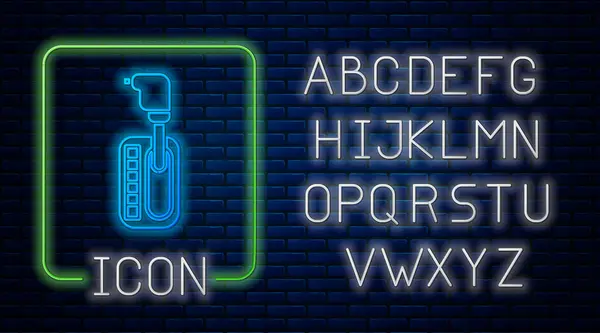 Gloeiende neon Gear shifter pictogram geïsoleerd op baksteen muur achtergrond. Transmissie icoon. Neon licht alfabet. Vector Illustratie — Stockvector