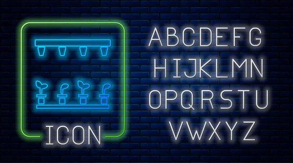 Parlak neon otomatik sulama sulama ikonu tuğla duvar arka planında izole edilmiş. Su ekipmanları. Bahçe elemanı. Sprey tabanca ikonu. Neon ışıklı alfabe. Vektör İllüstrasyonu — Stok Vektör