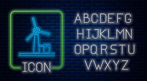 Ícone de turbina eólica de néon brilhante isolado no fundo da parede de tijolo. Sinal do gerador de vento. Moinho de vento para produção de energia elétrica. Alfabeto claro de néon. Ilustração vetorial — Vetor de Stock