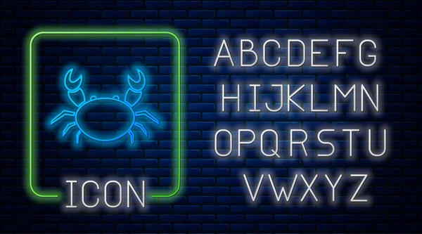 Gloeiende neon krab pictogram geïsoleerd op baksteen muur achtergrond. Neon licht alfabet. Vector Illustratie — Stockvector