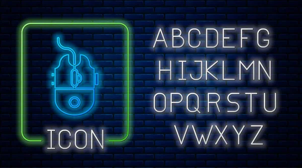 Leuchtende Neon-Computermaus-Gaming-Symbol isoliert auf Ziegelwand Hintergrund. Optik mit Radsymbol. Neonlicht-Alphabet. Vektorillustration — Stockvektor