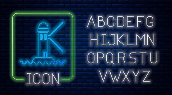 Lumineux néon icône phare isolé sur fond de mur de briques. Alphabet néon. Illustration vectorielle — Image vectorielle