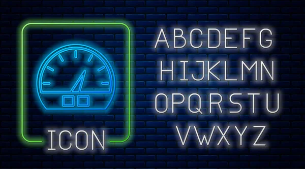 Glowing neon Speedometer icon isolated on brick wall background. Neon light alphabet. Vector Illustration — Stock Vector