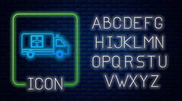 Leuchtende Neon-Krankenwagen und Notarztwagen-Ikone isoliert auf Backsteinmauer Hintergrund. Rettungswagen medizinische Evakuierung. Neonlicht-Alphabet. Vektorillustration — Stockvektor