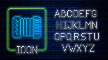 Glowing neon Musical instrument accordion icon isolated on brick wall background. Classical bayan, harmonic. Neon light alphabet. Vector Illustration clipart