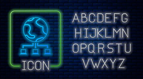 Leuchtende Neon-Computer-Netzwerk-Symbol isoliert auf Backstein-Wand-Hintergrund. Online-Gaming. Laptop-Netzwerk. Internetverbindung. Neonlicht-Alphabet. Vektorillustration — Stockvektor