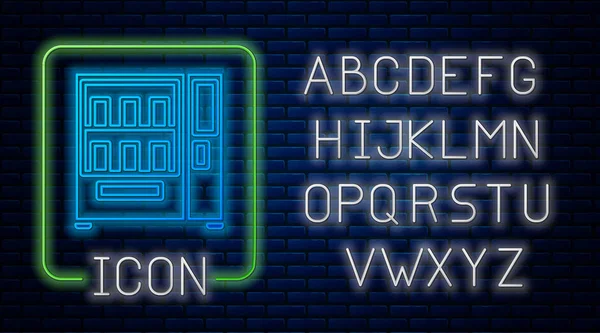 Máquina de venda automática de alimentos e bebidas de néon brilhante ícone de venda automática isolado no fundo da parede de tijolo. Alfabeto claro de néon. Ilustração vetorial — Vetor de Stock