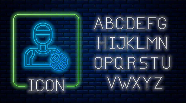 Glowing neon Basketball player icon isolated on brick wall background. Neon light alphabet. Vector Illustration — 스톡 벡터
