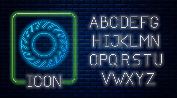 Leuchtende Neon-Autoreifen-Ikone isoliert auf Backsteinwand Hintergrund. Neonlicht-Alphabet. Vektorillustration — Stockvektor