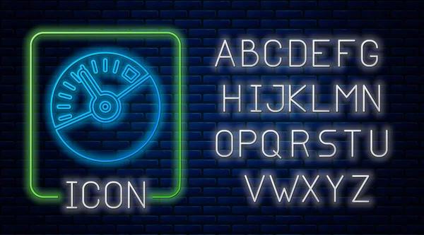 Glowing neon Speedometer icon isolated on brick wall background. Neon light alphabet. Vector Illustration — 스톡 벡터