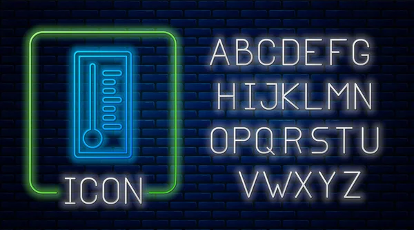 Néon lumineux Thermomètre météorologique mesurant la chaleur et l'icône froide isolé sur fond de mur de briques. Équipement de thermomètre montrant le temps chaud ou froid. Alphabet néon. Illustration vectorielle — Image vectorielle
