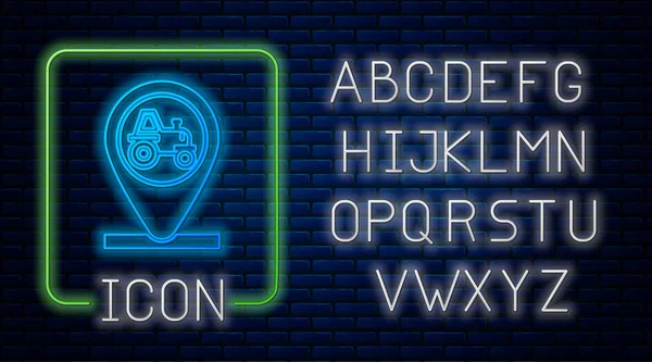 Gloeiende neon Tractor en locatie pictogram geïsoleerd op baksteen muur achtergrond. Neon licht alfabet. Vector Illustratie — Stockvector