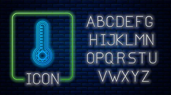 Glödande neon Meteorologi termometer mäta värme och kall ikon isolerad på tegel vägg bakgrund. Termometerutrustning som visar varmt eller kallt väder. Neonljus alfabet. Vektor Illustration — Stock vektor