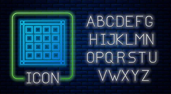 Gloeiende neon Checkered servet pictogram geïsoleerd op baksteen muur achtergrond. Neon licht alfabet. Vector Illustratie — Stockvector