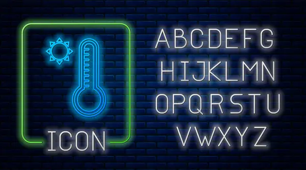 Termometro fluorescente al neon Meteorologia che misura il calore e l'icona a freddo isolata su fondo parete in mattoni. Apparecchiatura termometrica che mostra tempo caldo o freddo. Alfabeto della luce al neon. Illustrazione vettoriale — Vettoriale Stock