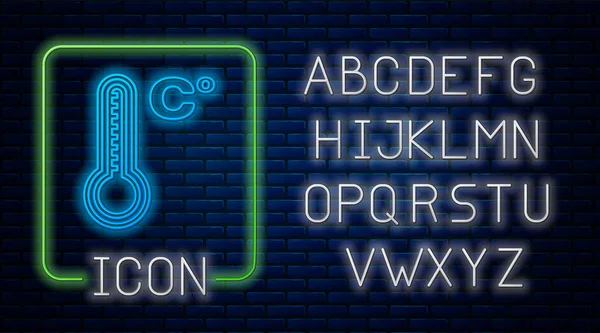 Termômetro de meteorologia neon brilhante medindo calor e ícone frio isolado no fundo da parede de tijolo. Temperatura Celsius. Alfabeto claro de néon. Ilustração vetorial —  Vetores de Stock