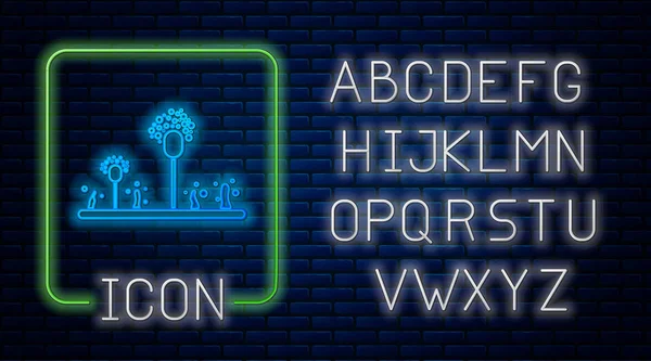 Светящийся значок неоновой плесени изолирован на фоне кирпичной стены. Неоновый легкий алфавит. Векторная миграция — стоковый вектор