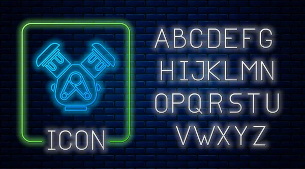 Сяюча піктограма неонового двигуна автомобіля ізольована на фоні цегляної стіни. Неоновий легкий алфавіт. Векторна ілюстрація — стоковий вектор