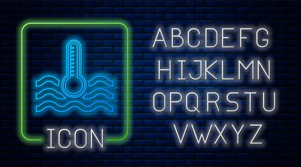 Świecący neon Termometr wodny do pomiaru ciepła i zimnej ikony izolowany na tle cegły. Urządzenia termometryczne pokazujące gorącą lub zimną pogodę. Neonowy alfabet świetlny. Ilustracja wektora — Wektor stockowy