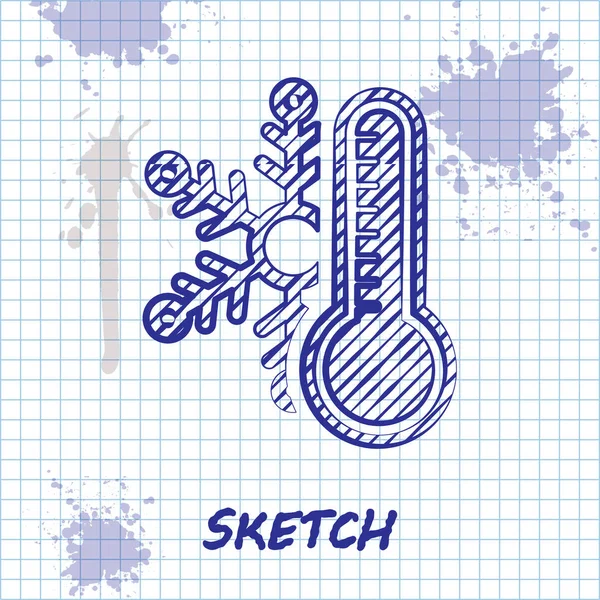 Schets lijn thermometer met sneeuwvlok pictogram geïsoleerd op witte achtergrond. Vector Illustratie — Stockvector