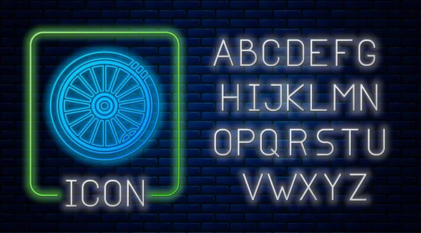 Glödande neon bil hjul ikon isolerad på tegel vägg bakgrund. Neonljus alfabet. Vektor Illustration — Stock vektor