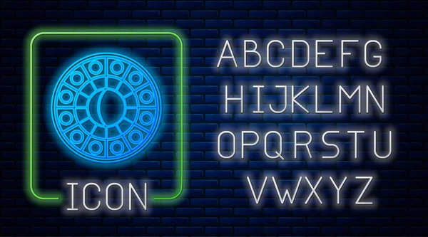 Horóscopo de astrologia de néon brilhante círculo com ícone do zodíaco isolado no fundo da parede de tijolo. Alfabeto claro de néon. Ilustração vetorial — Vetor de Stock
