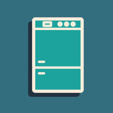 Yeşil Buzdolabı simgesi mavi arka plan üzerinde izole. Buzdolabı dondurucu buzdolabı. Ev teknolojisi ve aletleri. Uzun gölge stili. Vektör İllüstrasyonu