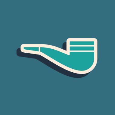 Mavi arka planda izole edilmiş duman simgesi olan yeşil sigara piposu. Tütün piposu. Uzun gölge tarzı. Vektör İllüstrasyonu