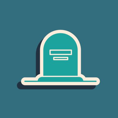 Üzerinde Rip yazan Yeşil Mezar Taşı simgesi mavi arka plan üzerine izole edilmiştir. Mezar simgesi. Uzun gölge stili. Vektör İllüstrasyonu