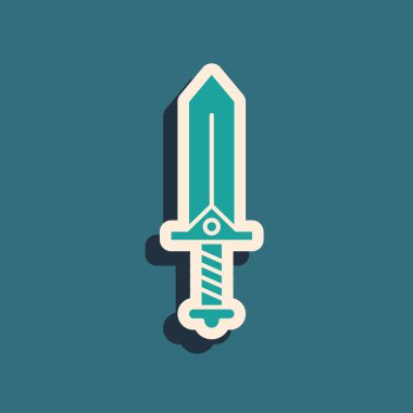 Oyun simgesi için Yeşil Kılıç mavi arkaplanda izole edildi. Uzun gölge tarzı. Vektör İllüstrasyonu